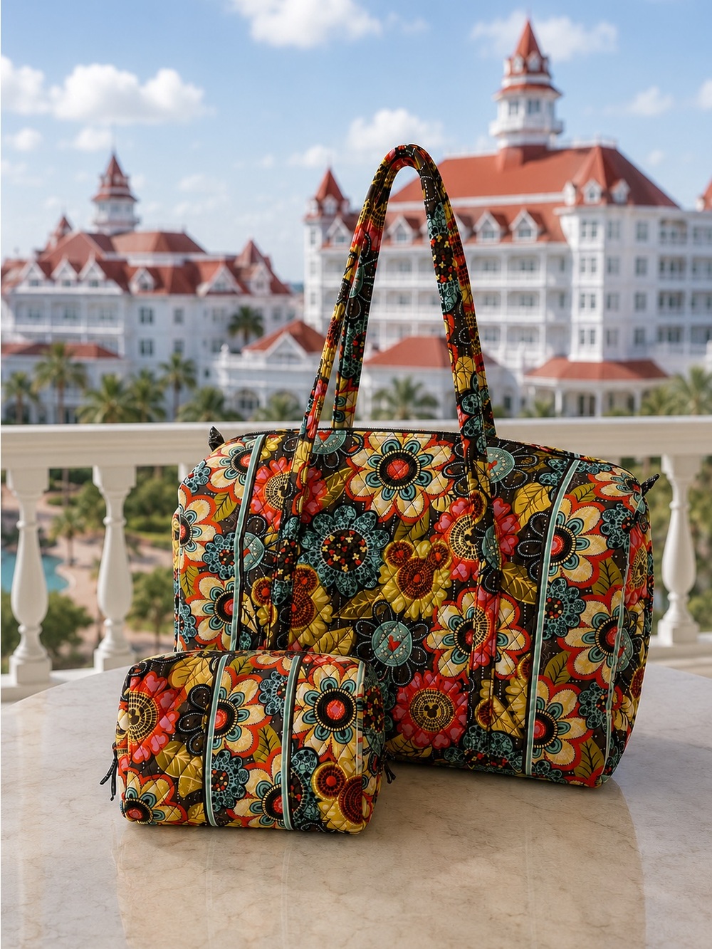 Vera Bradley Disney Mickey Mouse Perfect Petals Flower Duffel & Cosmetic Bag